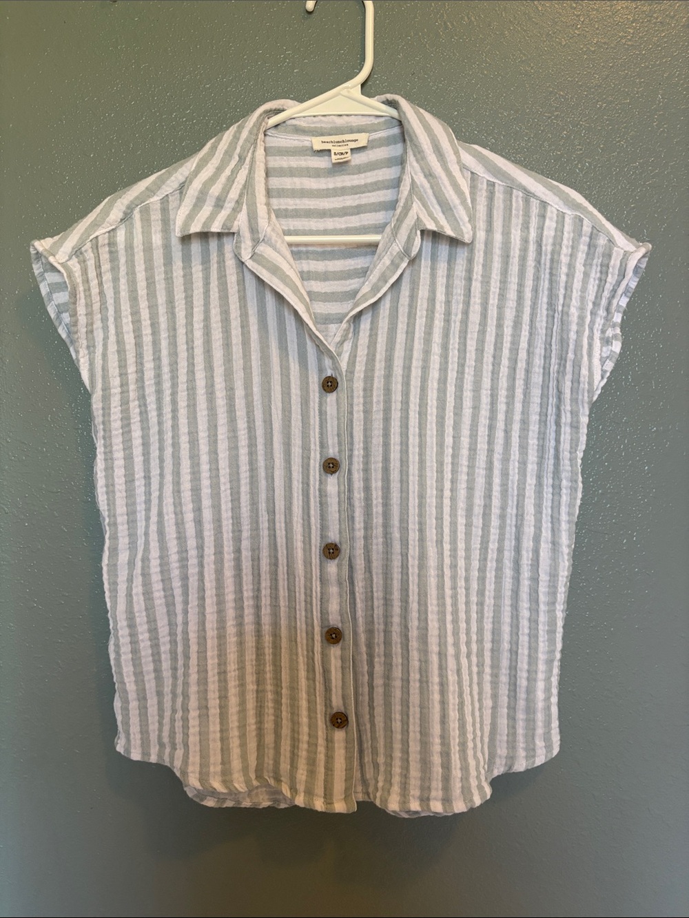 100% Cotton | Pale Green and White Striped Button-Down | Gauze Top - Picture 7 of 16